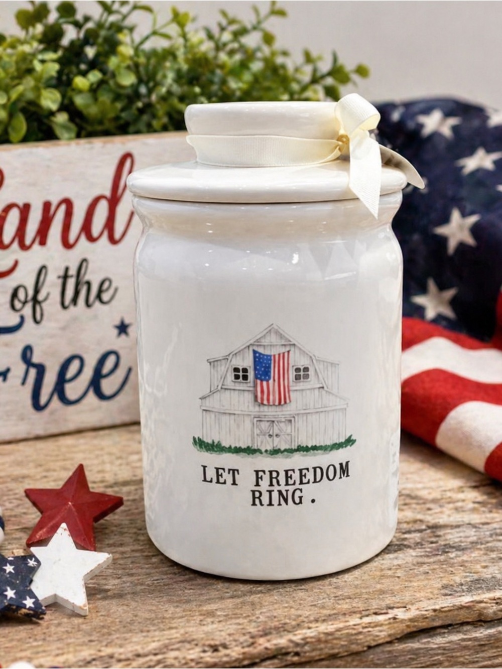 NEW Rae Dunn Let Freedom Ring Ceramic Canister Patriotic 4th of July Decor HTF